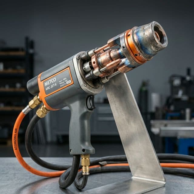 Twin wire arc spray gun applying a zinc-aluminium metallizing coating to structural steel