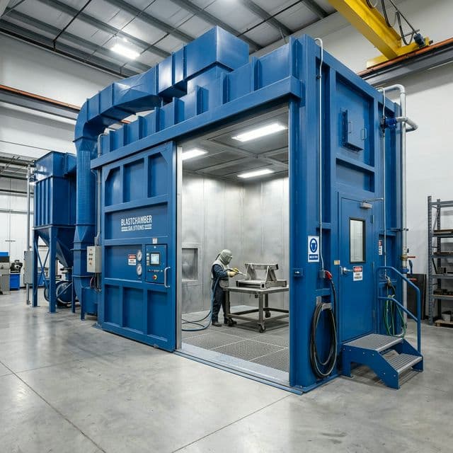 Interior of a Metaflux walk-in grit blasting room with abrasive recovery floor