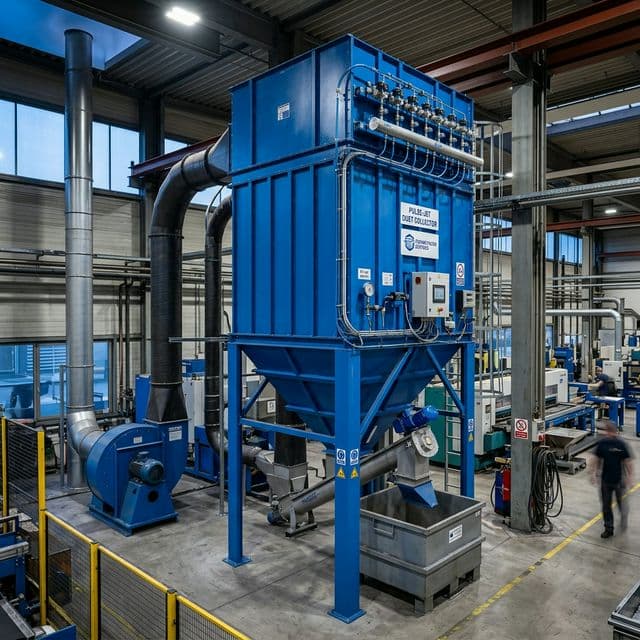 Pulse jet cartridge dust collector for a grit blasting room