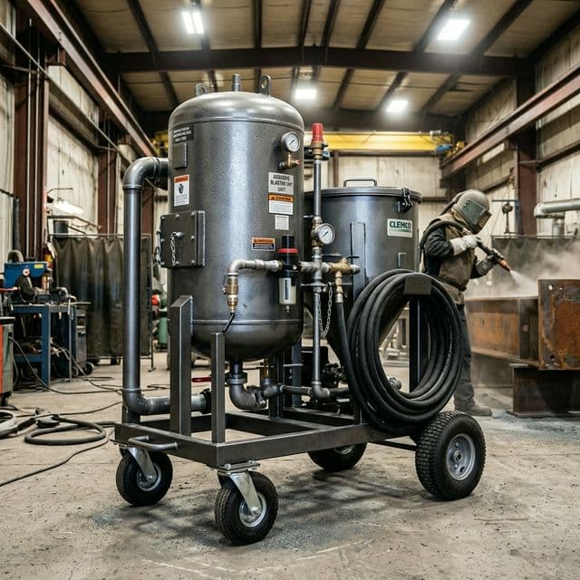Portable sand blasting pot on a trolley with blast hose and dead man control