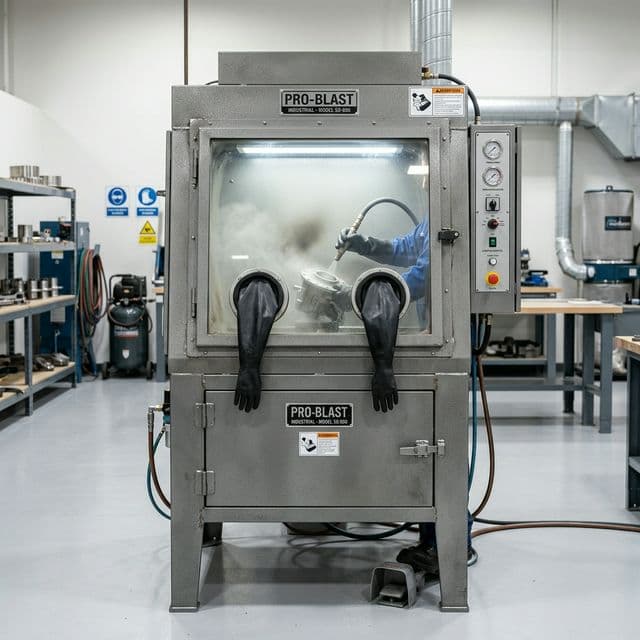 Sand blasting cabinet with glove ports and cyclone media reclaim