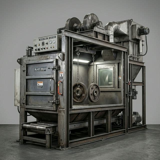 Spinner hanger shot blasting machine with overhead rail and twin blast wheels