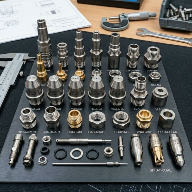 Thermal spray gun spare parts and nozzles laid out for service