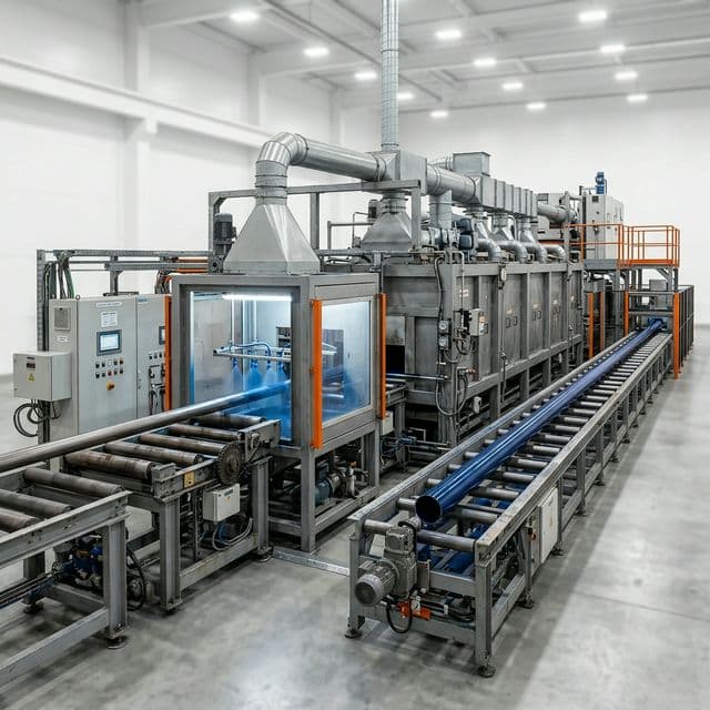 Inline tube mill coating plant spraying zinc onto a steel tube weld seam